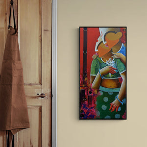 In-situ view of Anupam Pal's 'Romantic Couple' painting in a room