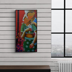 Preview of 'Romantic Couple' Painting by Anupam Pal shown on a wall in a furnished room.