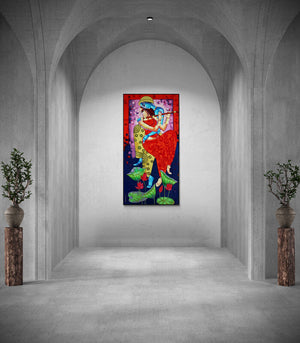 Preview of 'Romantic Couple (Radha Krishna Lotus Embrace)' Painting by Sekhar Roy shown on a wall in a furnished room.