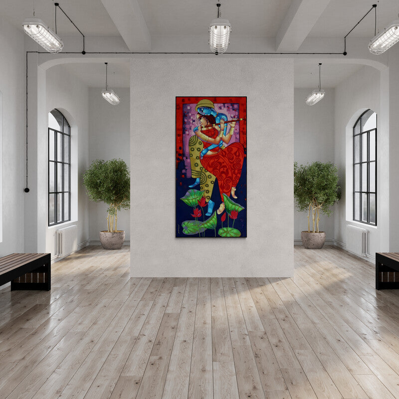 In-situ view of Sekhar Roy's 'Romantic Couple (Radha Krishna Lotus Embrace)' painting in a room