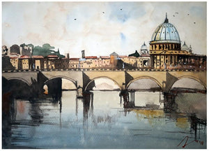 Cityscape watercolor painting titled 'Rome On River Tiver Tiber Italy', 7x11 inches, by artist Arunava Ray on Paper