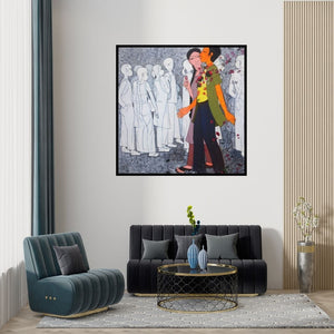 Preview of 'Romeo (Stolen Kiss)' Painting by Rahul Mhetre shown on a wall in a furnished room.