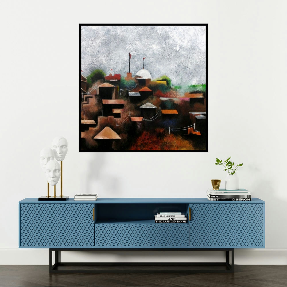 'Roof Tops (A Glimpse of Serenity)' painting by Ankita Dey Bhoumik shown on a wall in a furnished room.