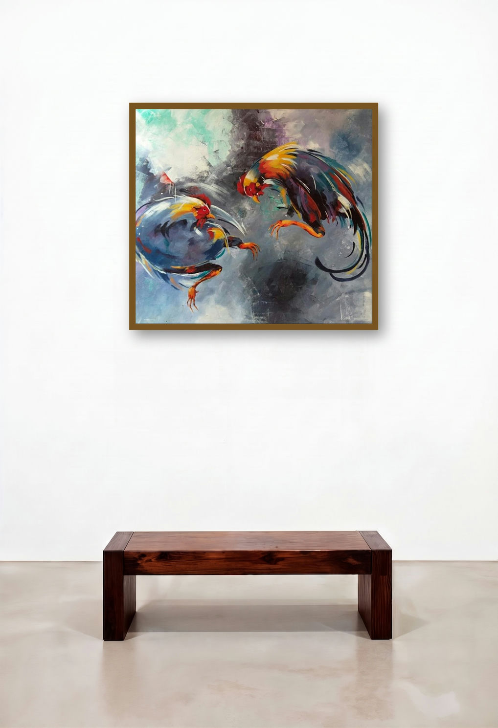 Rooster Brawl (The Duel) by artist Lisha N T displayed in a Luxury Hallway
