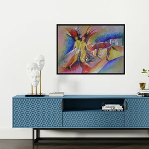 Preview of 'Rooted Together' Painting by Shuchi Khanna shown on a wall in a furnished room.