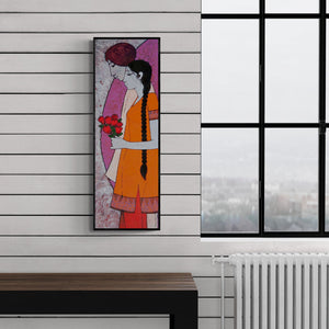 Preview of 'Rose (Offering of Love)' Painting by Rahul Mhetre shown on a wall in a furnished room.