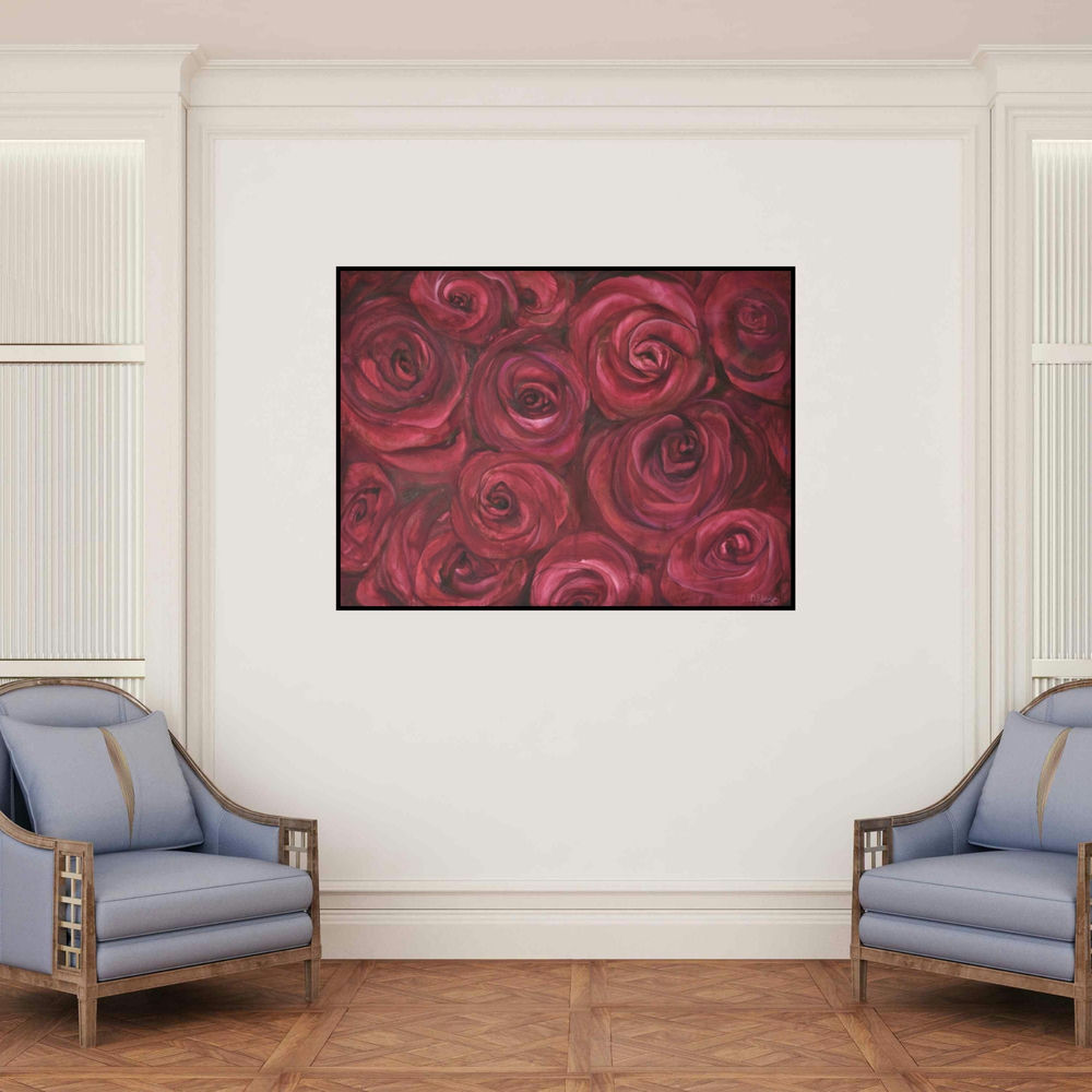 'Roses (A Tapestry of Roses)' painting by Durshit Bhaskar shown on a wall in a furnished room.