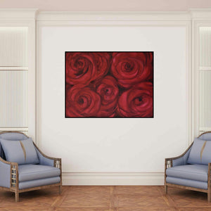 'Roses I (Crimson Embrace)' painting by Durshit Bhaskar shown on a wall in a furnished room.