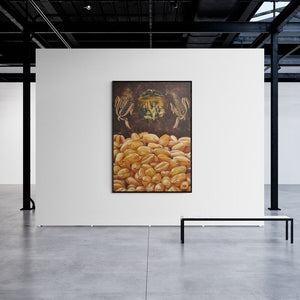 Bhavesh Patel's painting 'Roti (Golden Bounty)' displayed in a modern living room setting