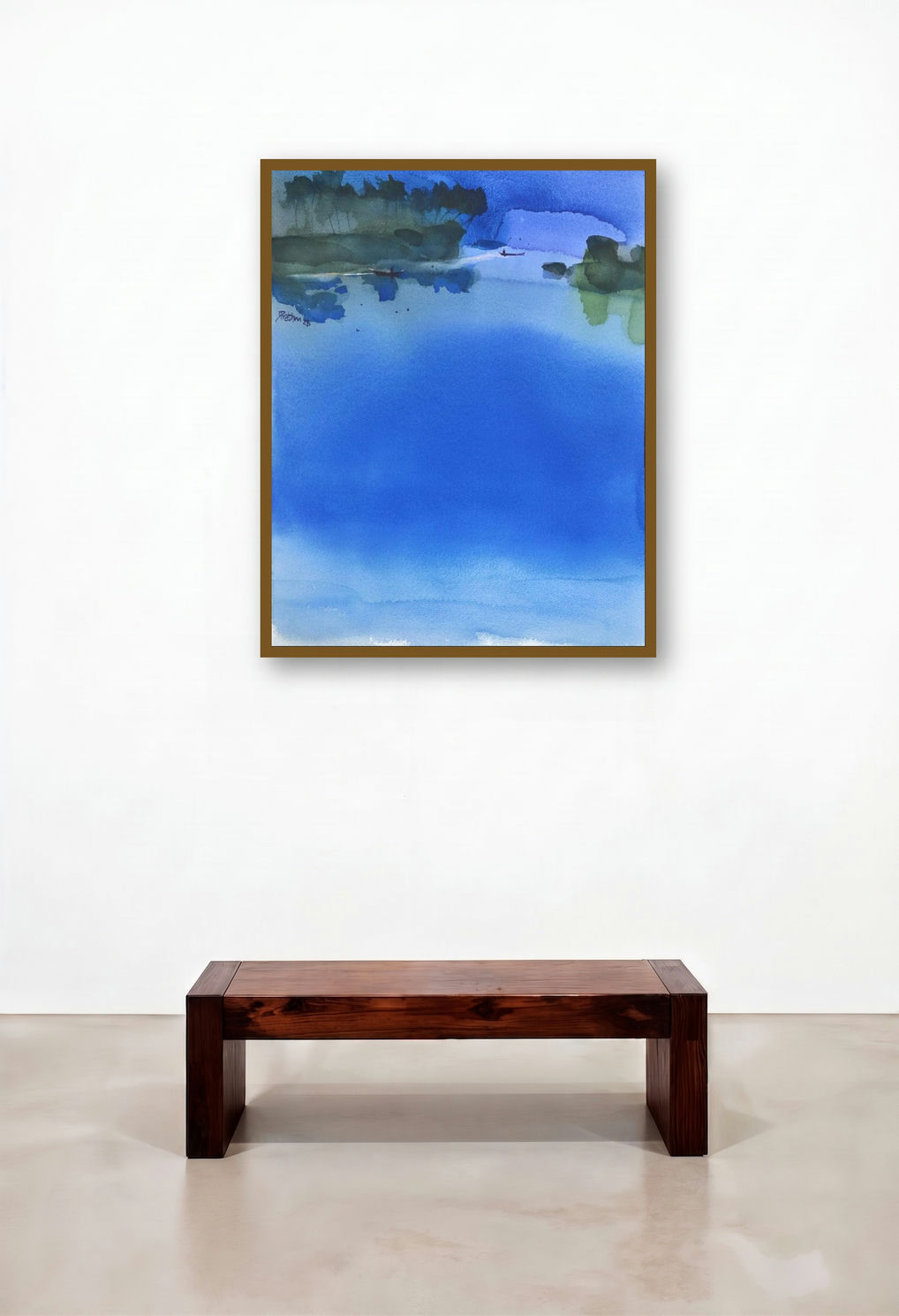 Row Into The Blue Flows (Tranquil Waters) by artist Prashant Prabhu displayed in a Contemporary Luxury Living Room