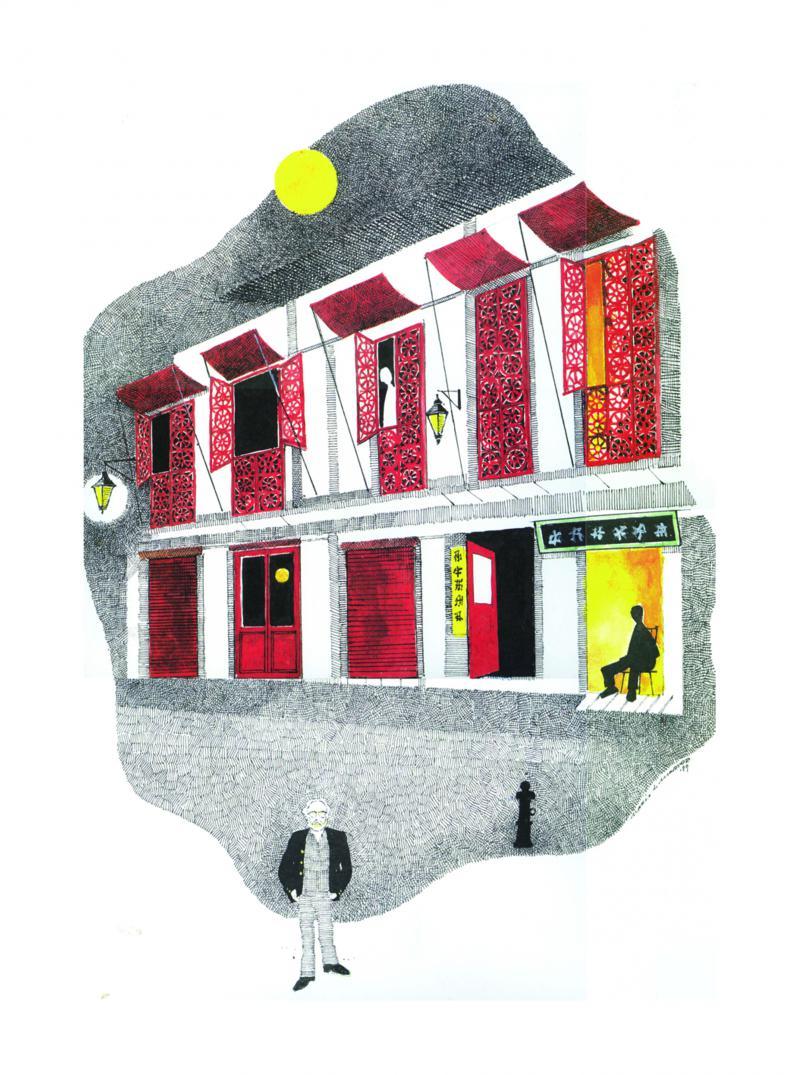 Cityscape pen ink painting titled 'Row of Apartments', 21x29 inches, by artist Mario Miranda on Paper