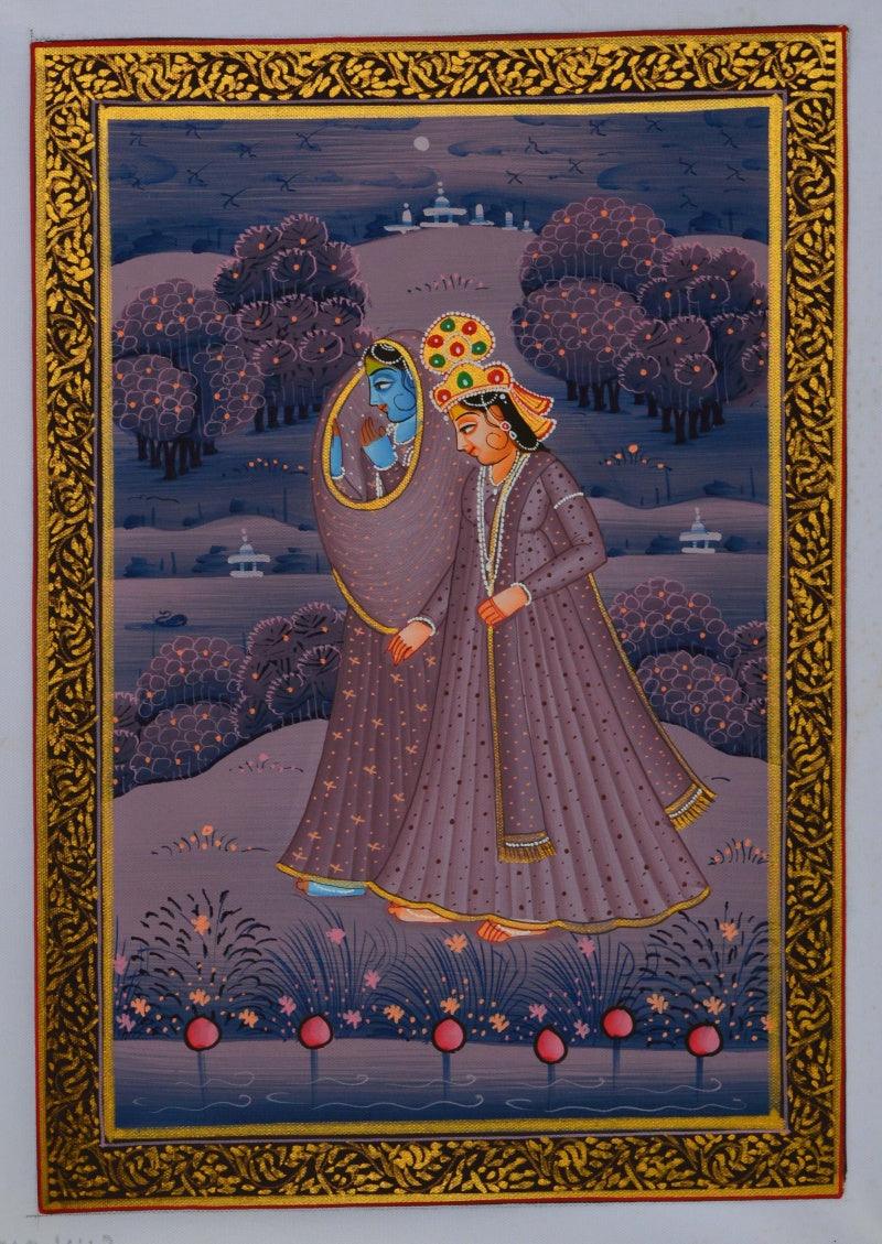 Religious miniature traditional art titled 'Royal Couple In Lawn At Night', 8x6 inches, by artist Unknown on Silk