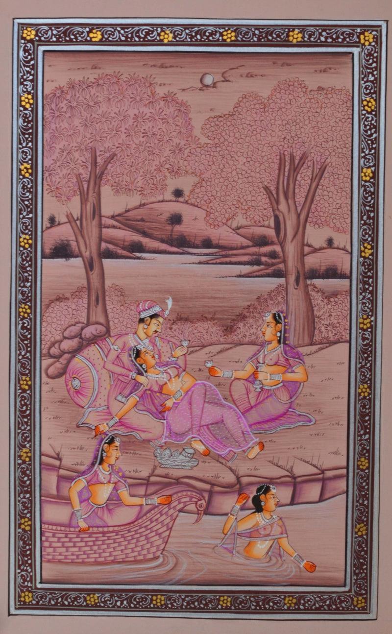 Figurative mughal traditional art titled 'Royal Couple Romantic Moments', 10x6 inches, by artist Unknown on Paper