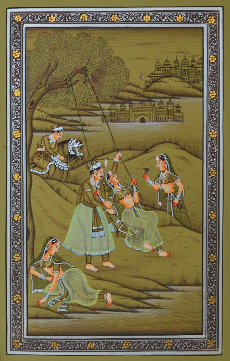 Figurative mughal traditional art titled 'Royal Couple Swinging With Sevika 2', 10x6 inches, by artist Unknown on Paper