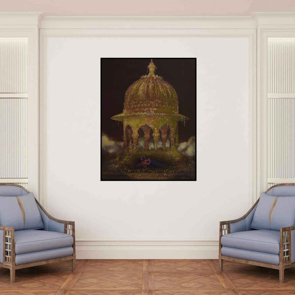 'Royal Gardens' painting by Durshit Bhaskar shown on a wall in a furnished room.