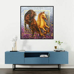 'The Royal Horse (A Clash of Titans)' painting by Pradeep Kumar shown on a wall in a furnished room.