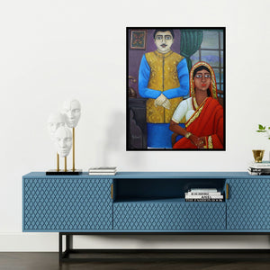 'Royal Indian Couple' painting by Piyali Sarkar shown on a wall in a furnished room.