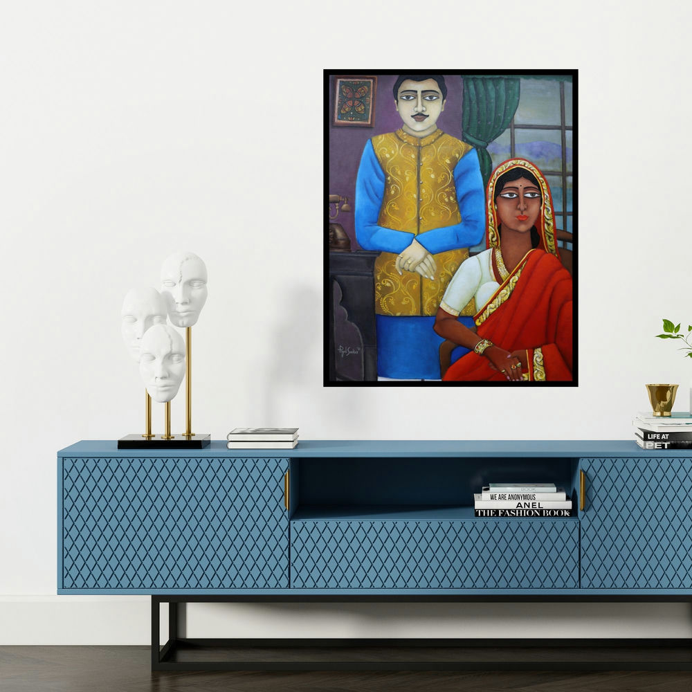 'Royal Indian Couple' painting by Piyali Sarkar shown on a wall in a furnished room.