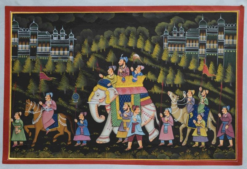 Figurative mughal traditional art titled 'Royal Mughal Procession', 11x16 inches, by artist Unknown on Silk