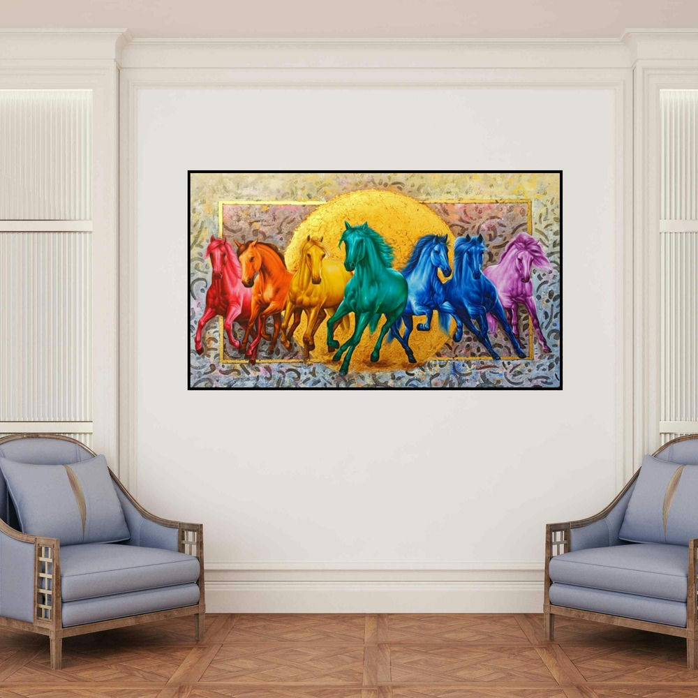'The Royal Rainbow 7 Horses (The Seven Horses)' painting by Pradeep Kumar shown on a wall in a furnished room.