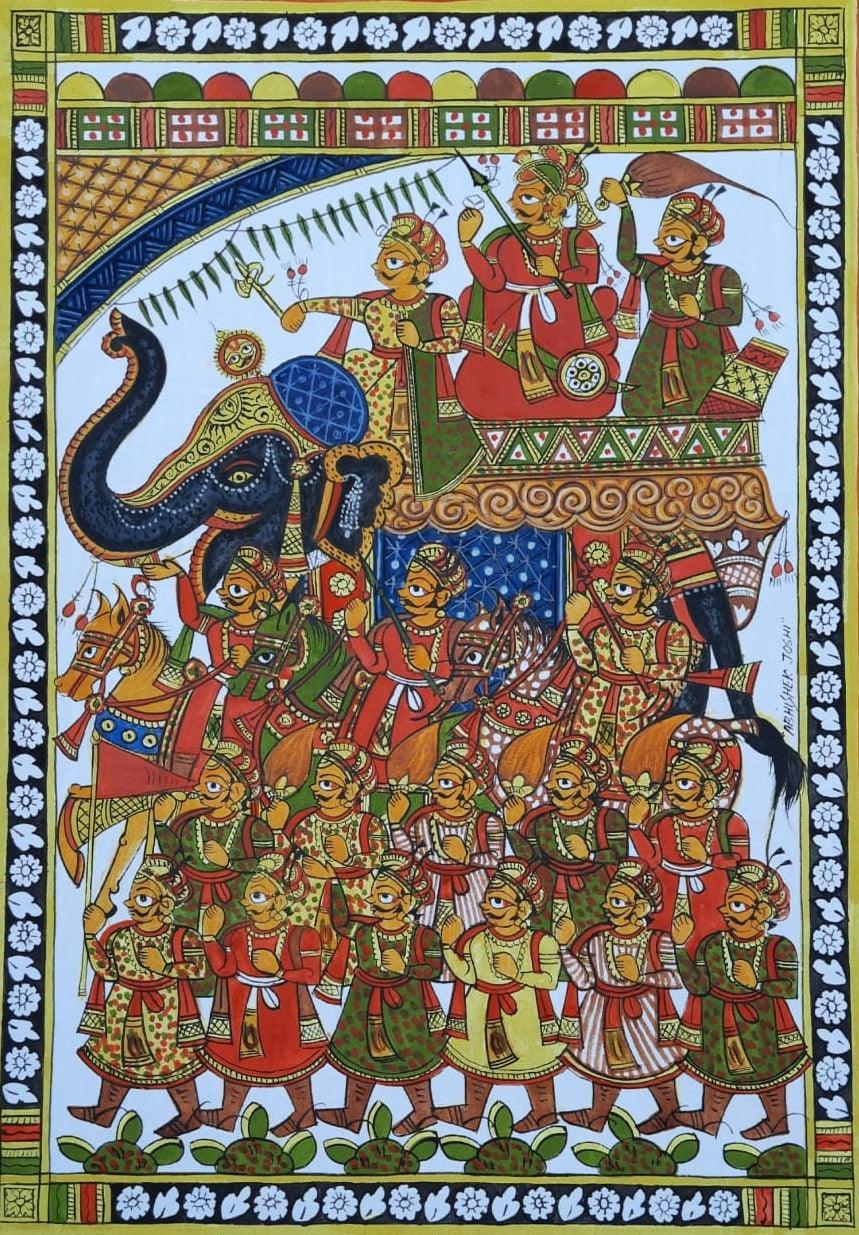 Religious phad traditional art titled 'Royal Ride 1', 22x16 inches, by artist Abhishek Joshi on Handmade Canvas