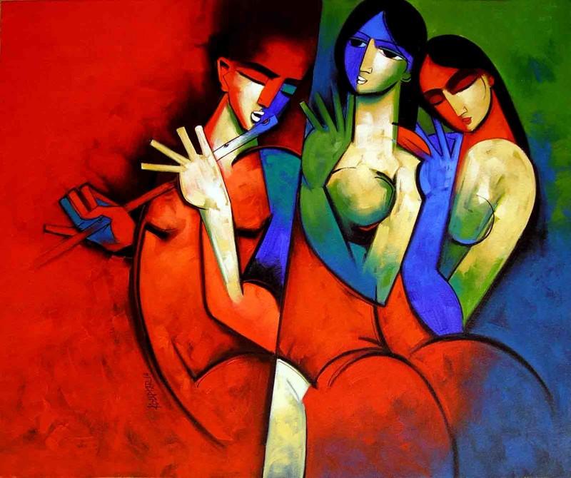 Figurative acrylic painting titled 'Rthym In Red', 36x30 inches, by artist Arvind Kolapkar on Canvas