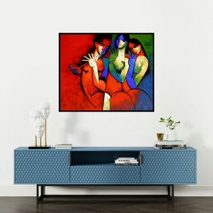 Arvind Kolapkar's 'Rthym In Red (Crimson Rhythm: A Symphony of Figures)' painting visualized above a sofa in a contemporary room.