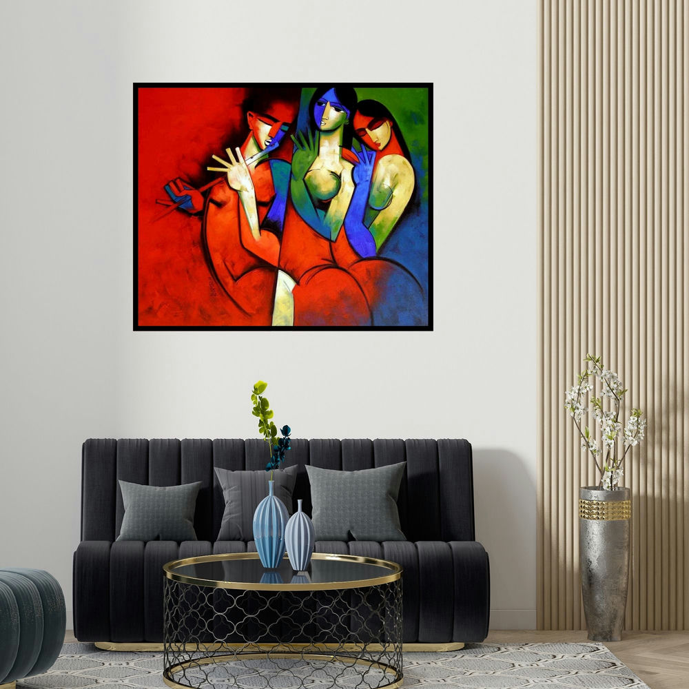 'Rthym In Red (Crimson Rhythm: A Symphony of Figures)' painting by Arvind Kolapkar shown on a wall in a furnished room.
