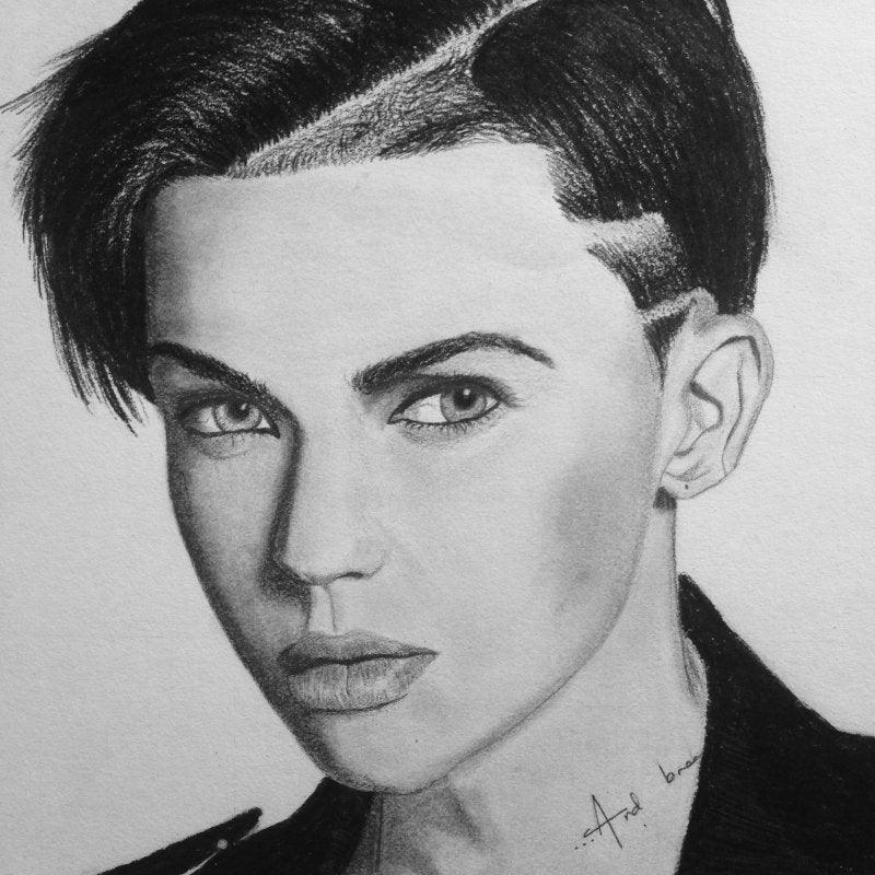 Portrait charcoal drawing titled 'Ruby Rose', 7x7 inches, by artist Joanne Morais on Paper