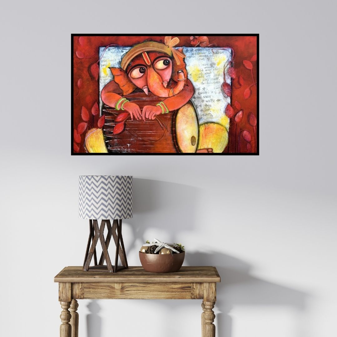 In-situ view of Sharmi Dey's 'Rudveda (The Rhythmic Divine)' painting in a room