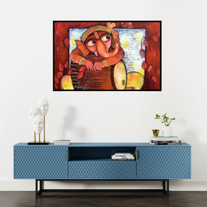 Preview of 'Rudveda (The Rhythmic Divine)' Painting by Sharmi Dey shown on a wall in a furnished room.