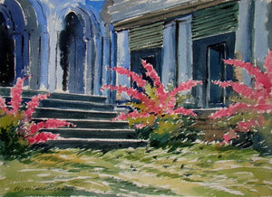 Ruined Palace (Blooming Facade) by Jiaur Rahman, Original Watercolor Landscape Painting on Paper, Small Horizontal Wall Art