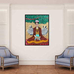 In-situ view of Himanshu Lodwal's 'Rukmani Shadi Ke Baad Kya Kya Hua (Symbolic Portrait: Woman, Monkey, and Nature)' painting in a room