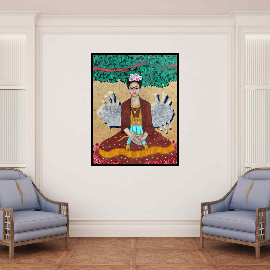 In-situ view of Himanshu Lodwal's 'Rukmani Shadi Ke Baad Kya Kya Hua (Symbolic Portrait: Woman, Monkey, and Nature)' painting in a room