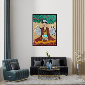 Preview of 'Rukmani Shadi Ke Baad Kya Kya Hua (Symbolic Portrait: Woman, Monkey, and Nature)' Painting by Himanshu Lodwal shown on a wall in a furnished room.
