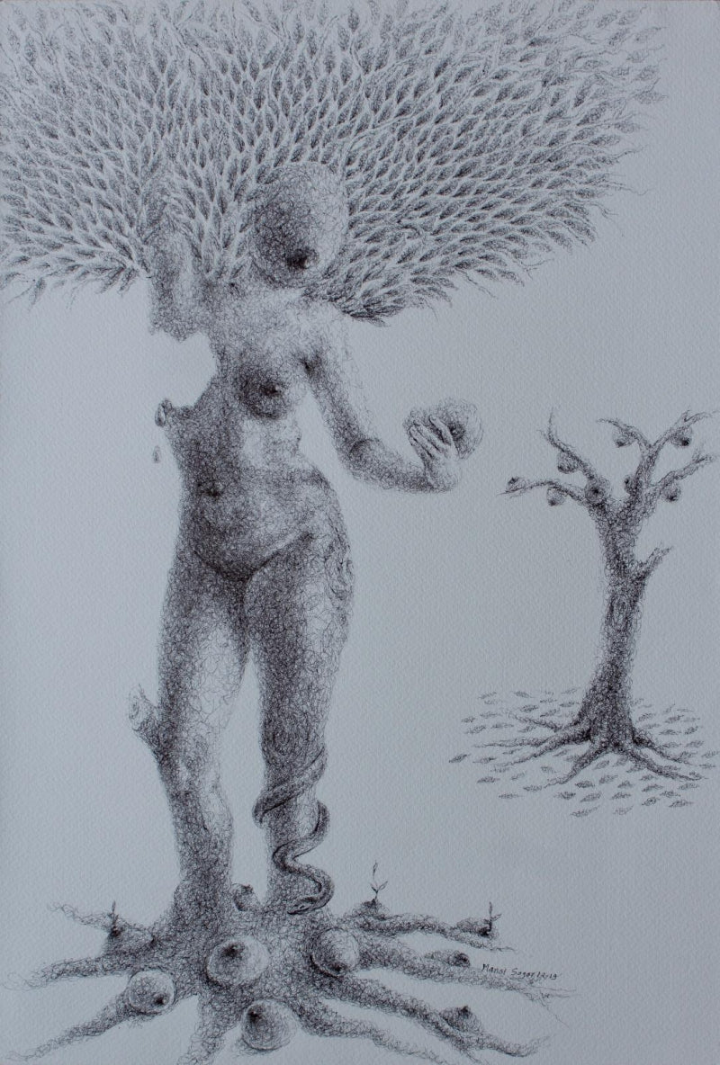 Runed Fruit' nude pen drawing by artist Mansi Sagar, 24x15 inch, on canson paper
