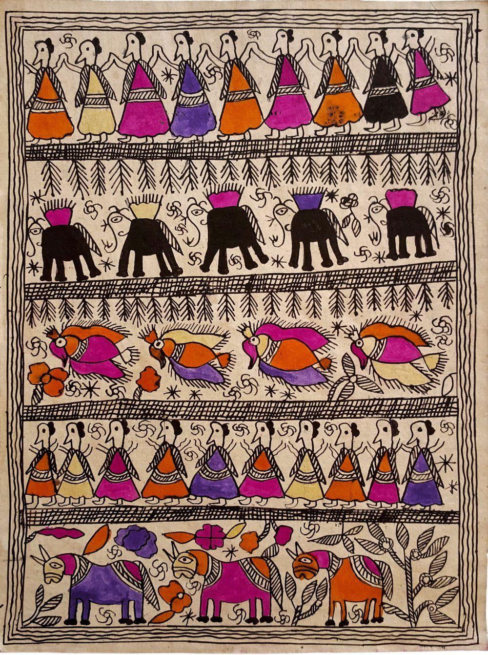 Folk Art madhubani traditional art titled 'Running Free Madhubani Art', 16x12 inches, by artist Yamuna Devi on Handmade Paper