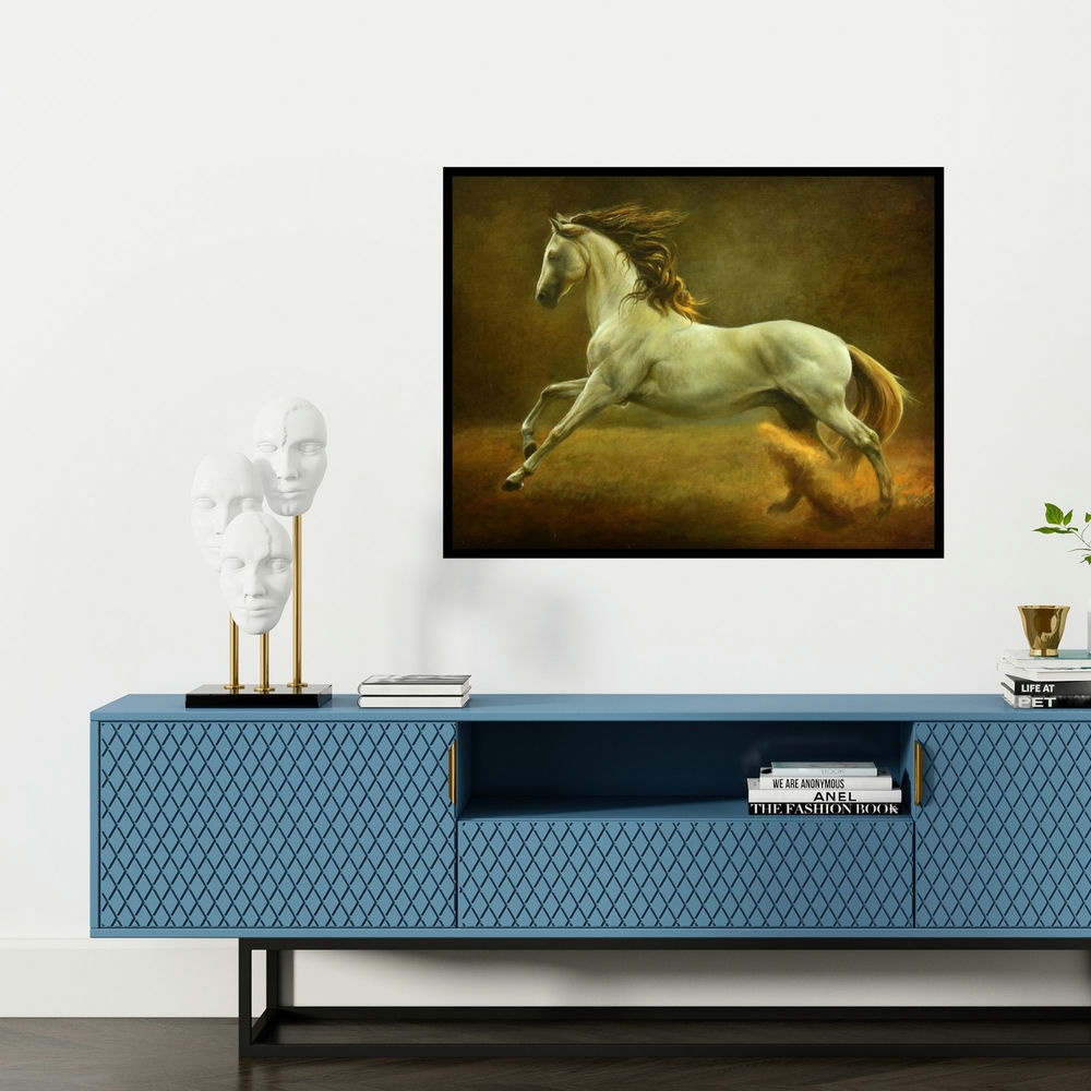 'Running Horse (Spirit of Freedom)' painting by Biju Thomas shown on a wall in a furnished room.