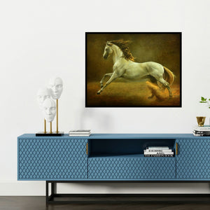 'Running Horse (Spirit of Freedom)' painting by Biju Thomas shown on a wall in a furnished room.