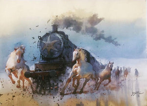 Animals watercolor painting titled 'Running Horse And Engine', 22x30 inches, by artist Bijay Biswaal on Paper