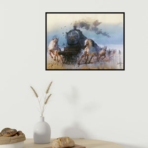 In-situ view of Bijay Biswaal's 'Running Horse And Engine (Untitled)' painting in a room