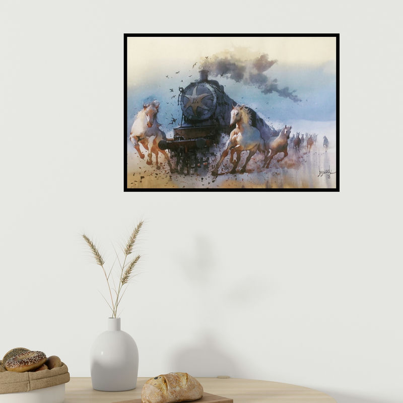 In-situ view of Bijay Biswaal's 'Running Horse And Engine (Untitled)' painting in a room