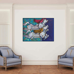 'Running Horses' painting by Dinkar Jadhav shown on a wall in a furnished room.