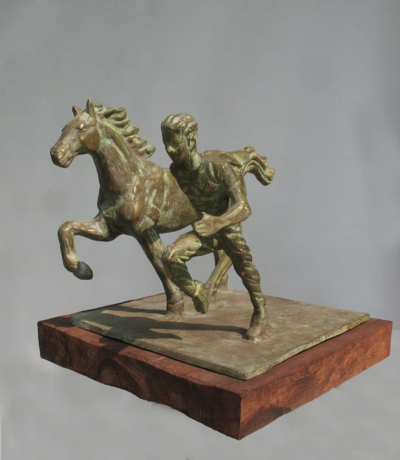 Running Man With Horse' figurative Brass, Metal sculpture by artist Rohan Sonavane, 18x12 inch, on brass, metal