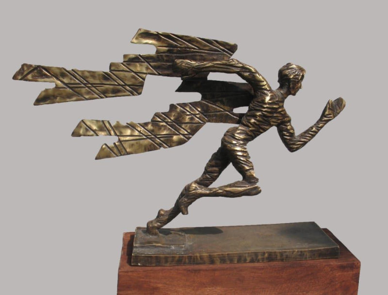 'Running Man' figurative Brass, Metal sculpture by artist Rohan Sonavane, 17x25 inch, on brass, metal