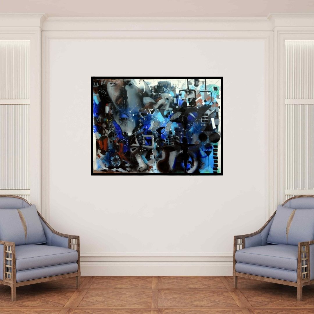 In-situ view of Madan Lal's 'Runway Of Life I' painting in a room