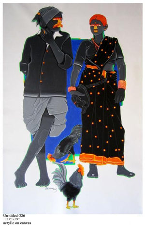 Rural Couple I by Tailor Srinivas, Original Acrylic Figurative Painting on Canvas, Medium Vertical Wall Art