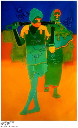 Rural Couple Ii by Tailor Srinivas, Original Acrylic Figurative Painting on Canvas, Medium Vertical Wall Art
