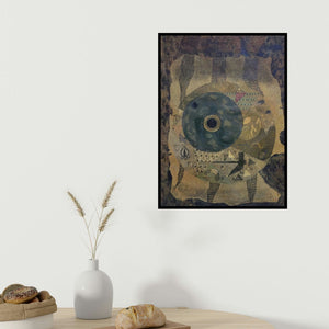 Rahul Pawar's 'Rural Life (The Eye of the Universe)' painting visualized above a sofa in a contemporary room.