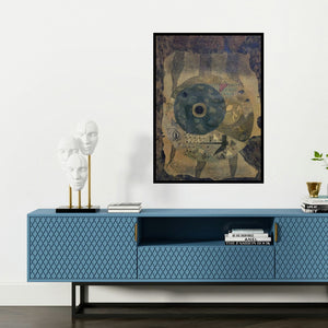 'Rural Life (The Eye of the Universe)' painting by Rahul Pawar shown on a wall in a furnished room.